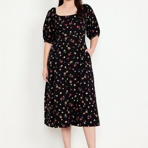 Fit & Flare Crepe Midi Dress— Black Floral; XL- Old Navy